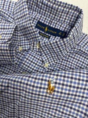 Ralph Lauren Men’s L Tall Stretch Oxford Blue White Gingham Shirt